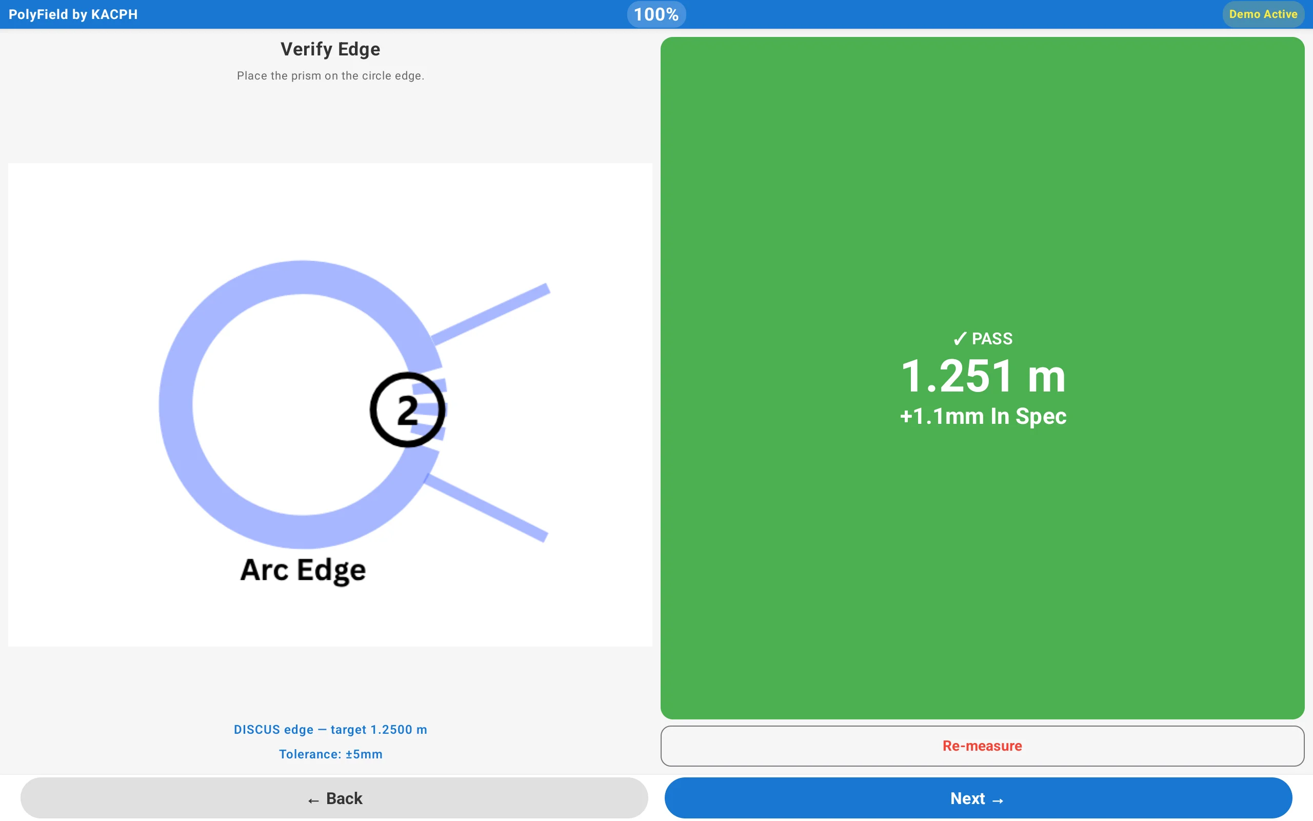 Verify edge step of the calibration wizard: a green PASS showing a measured radius of 1.251 metres, 1.1 millimetres from target and in specification