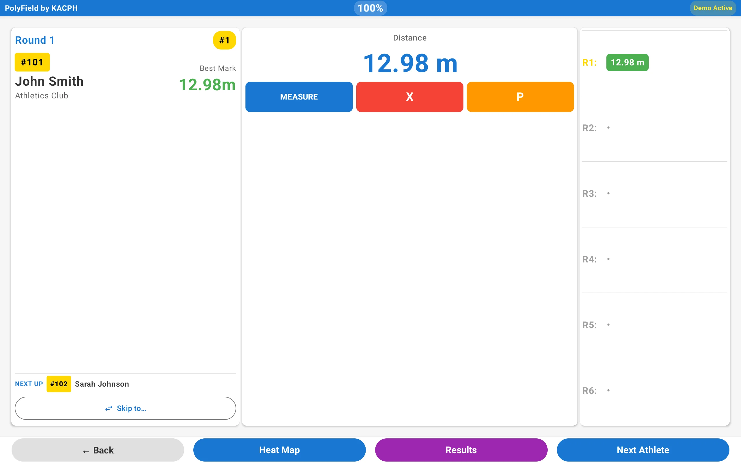 PolyField App recording a 12.98 metre throw