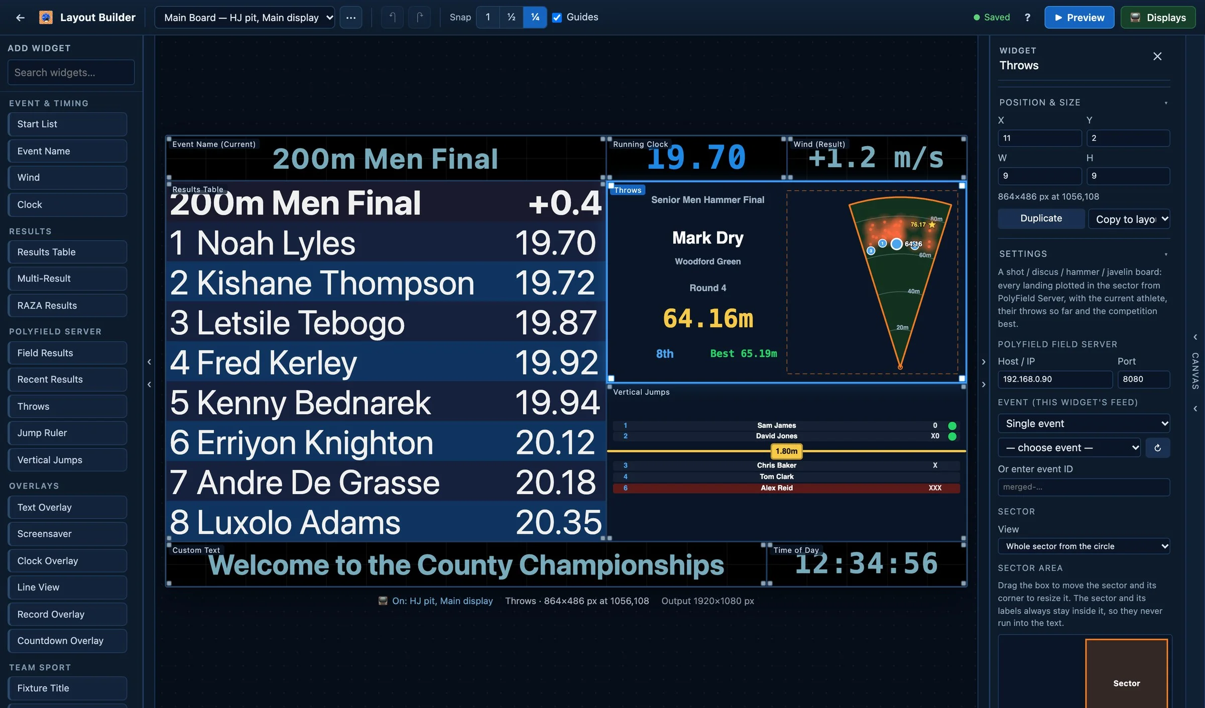 Layout Builder with a widget list on the left, a 200 m results board, a hammer landing map and a high jump board on the canvas, and widget settings on the right