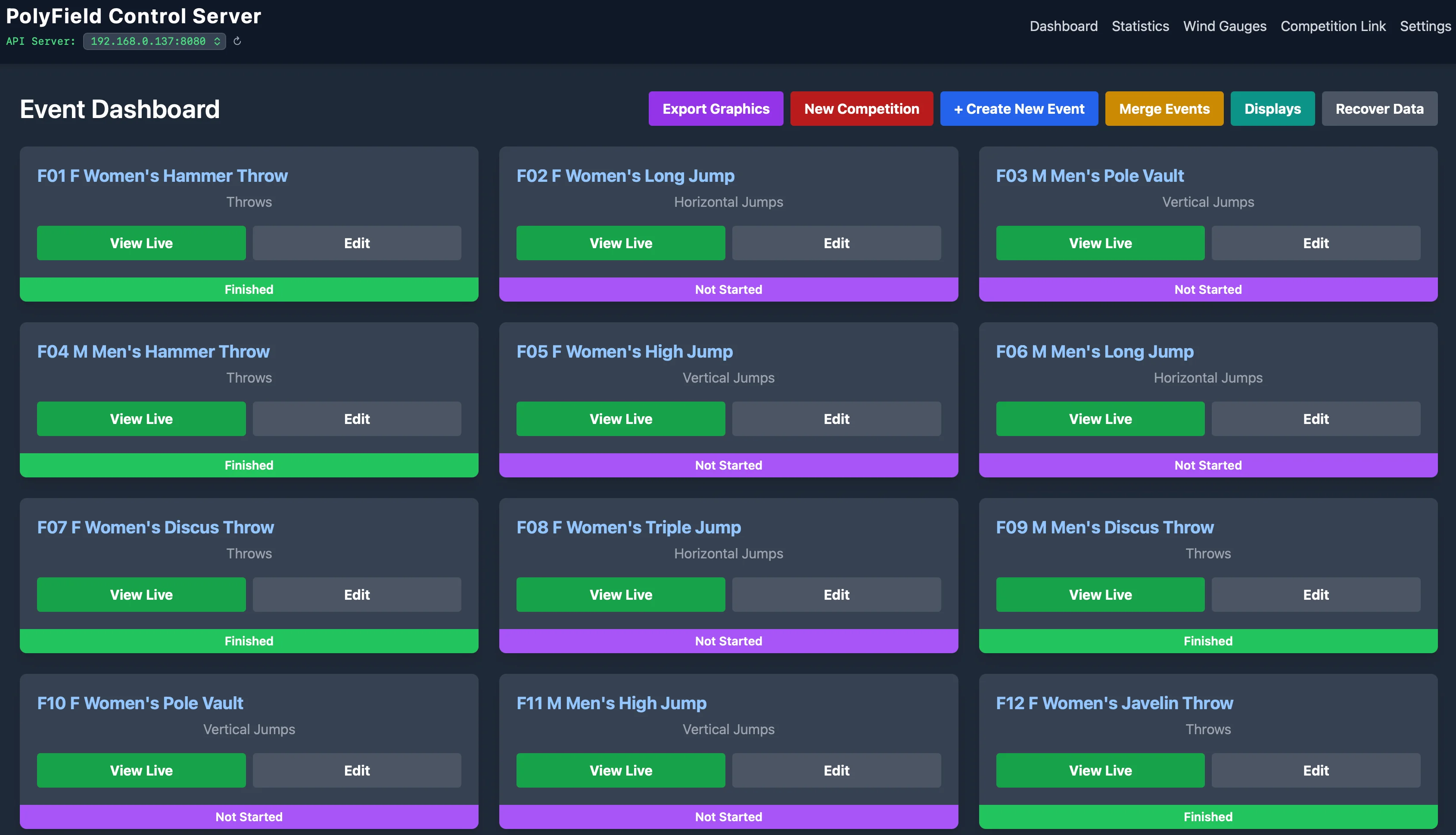PolyField Server event dashboard with twelve field events and their status